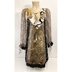 Meghan 100% Silk Dress Size 8 20” Black Gold White Crochet Feathers Keyhole